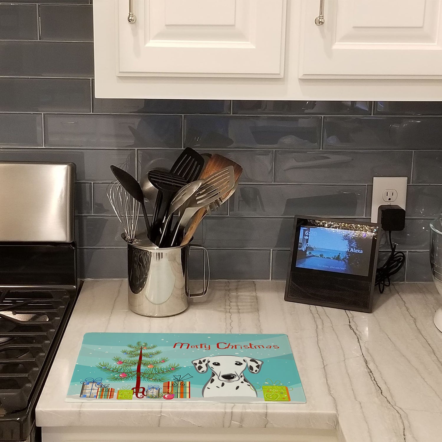 Christmas Tree and Dalmatian Cutting Board Tempered Glass Kitchen Cutting Surface, Heat Resistant Chopping, Non-Slip Feet, Food Prep & Serving