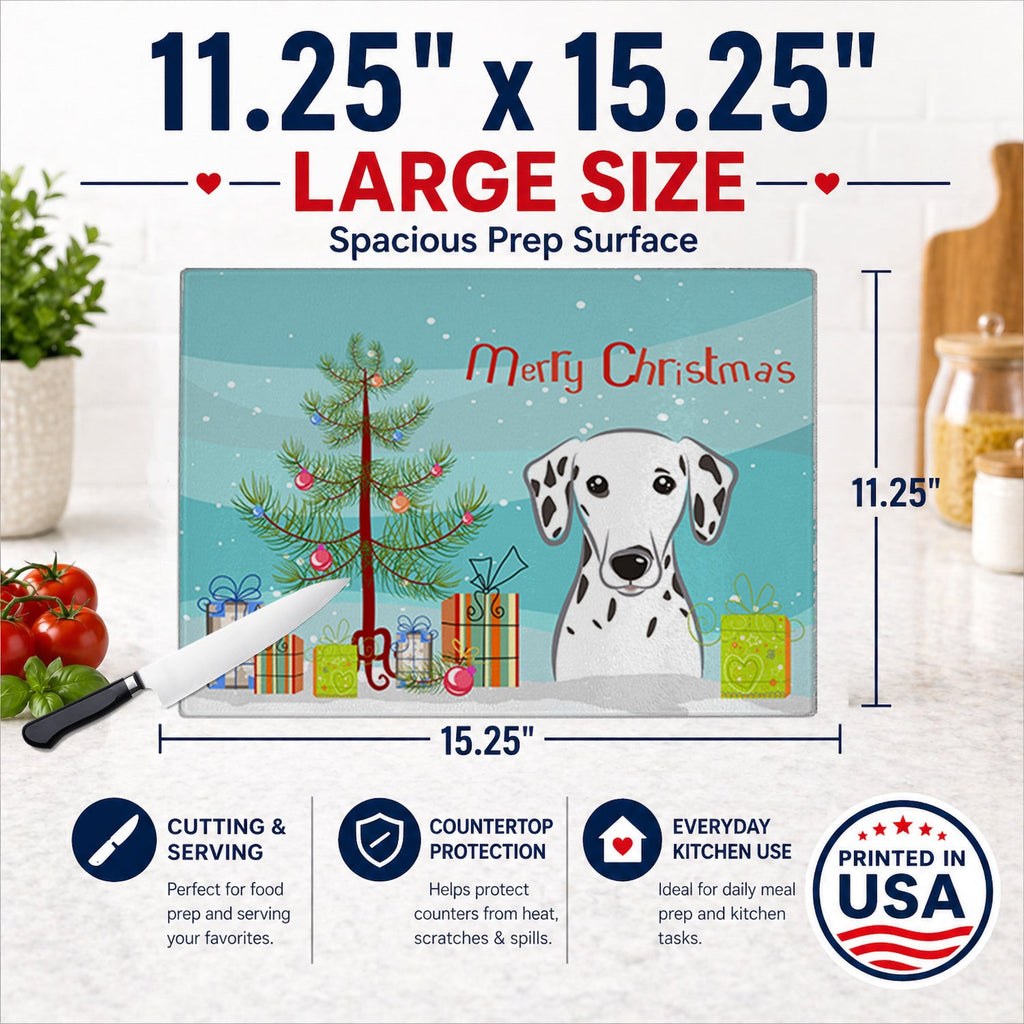 Christmas Tree and Dalmatian Cutting Board Tempered Glass Kitchen Cutting Surface, Heat Resistant Chopping, Non-Slip Feet, Food Prep & Serving