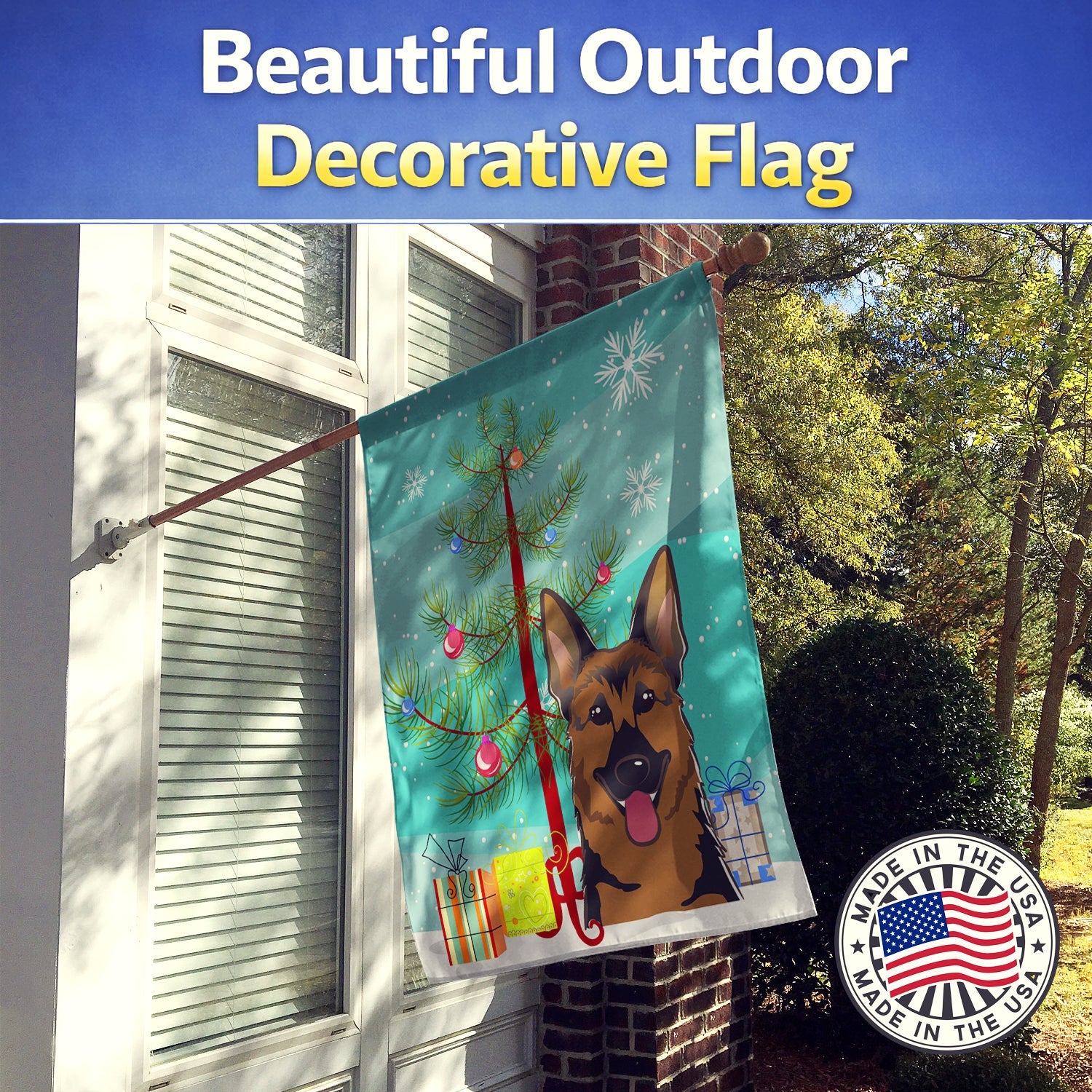 Christmas Tree and German Shepherd House Flag 28x40 Porch Sleeve Pole Decorative Outside Yard Banner Artwork Wall Hanging, Polyester