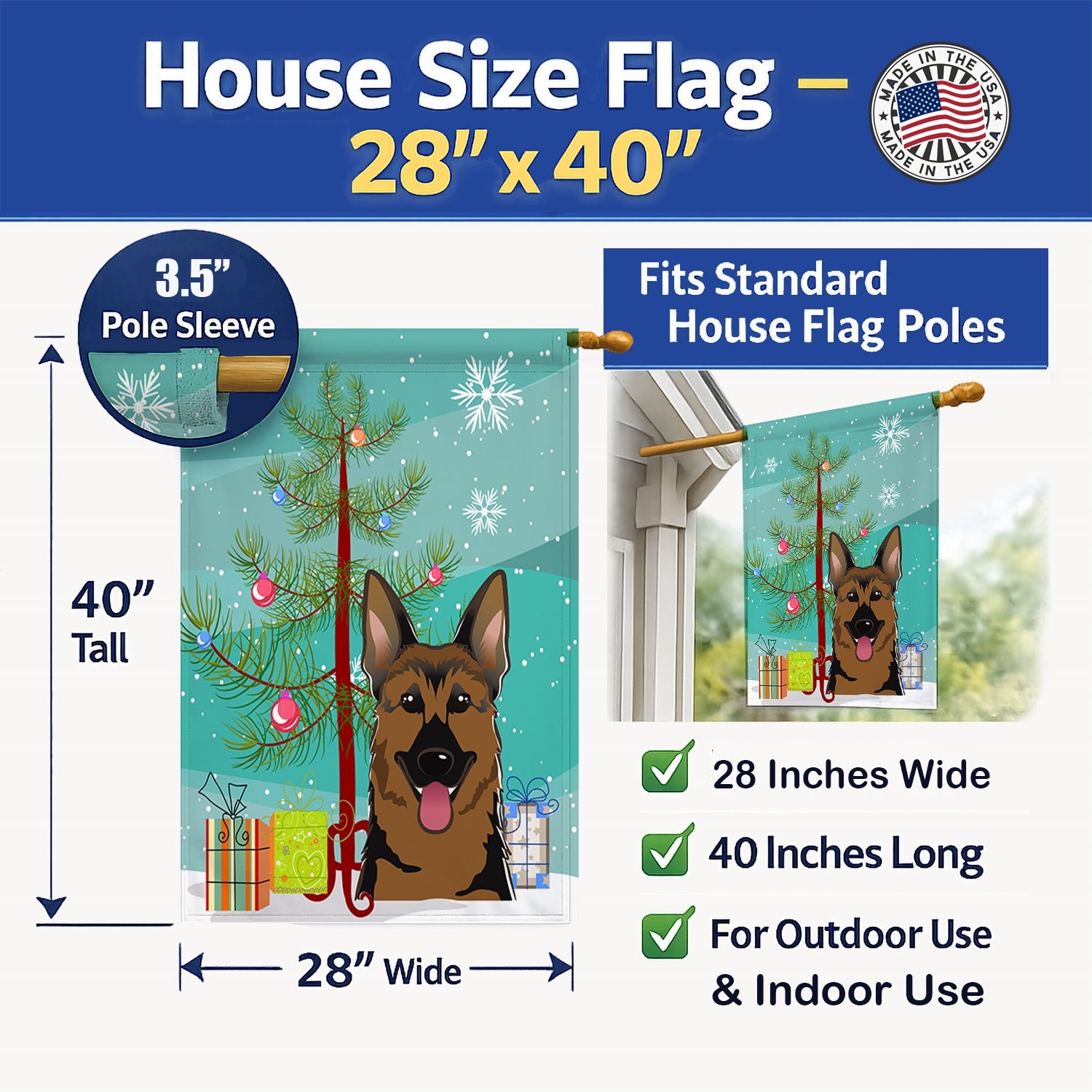 Christmas Tree and German Shepherd House Flag 28x40 Porch Sleeve Pole Decorative Outside Yard Banner Artwork Wall Hanging, Polyester