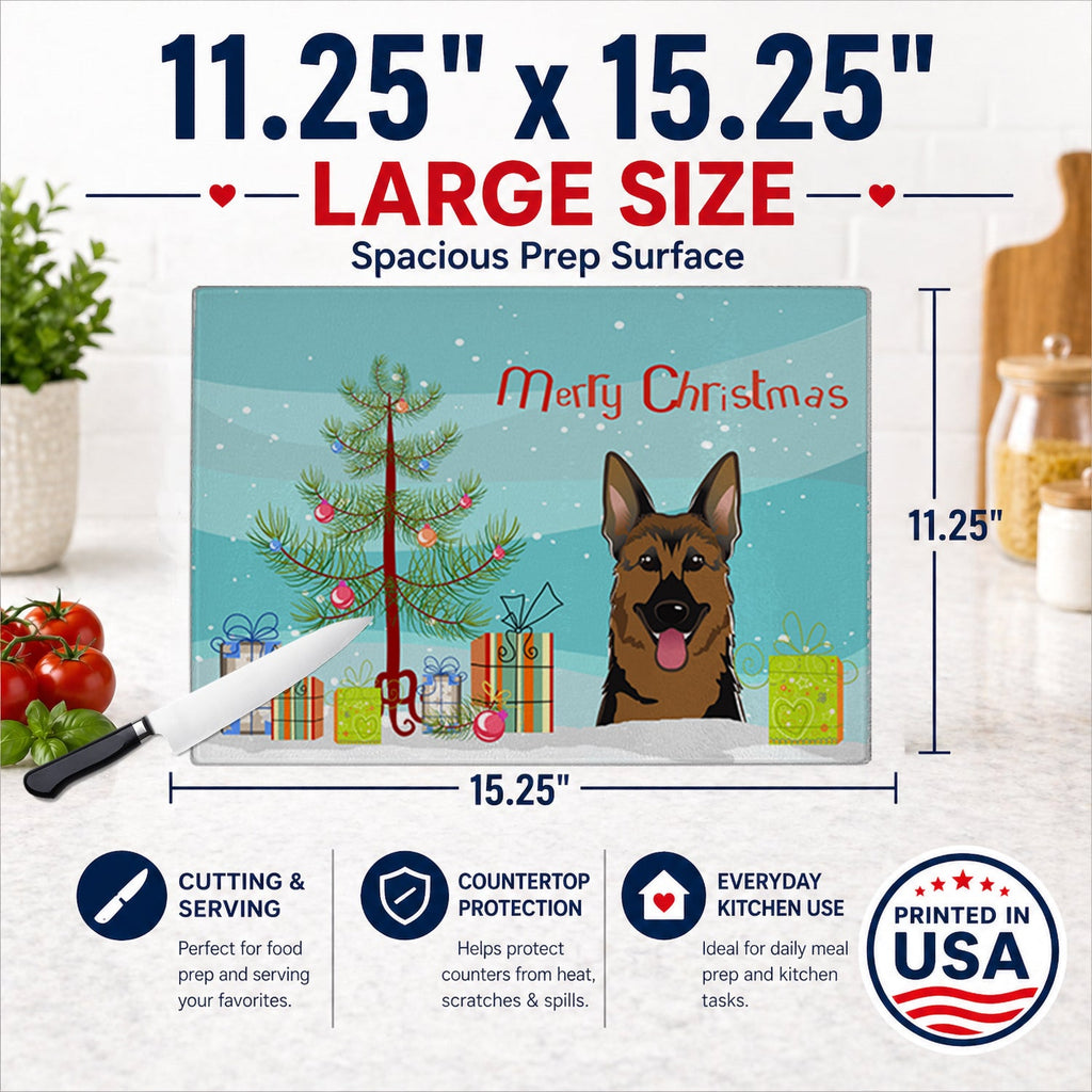 Christmas Tree and German Shepherd Cutting Board Tempered Glass Kitchen Cutting Surface, Heat Resistant Chopping, Non-Slip Feet, Food Prep & Serving