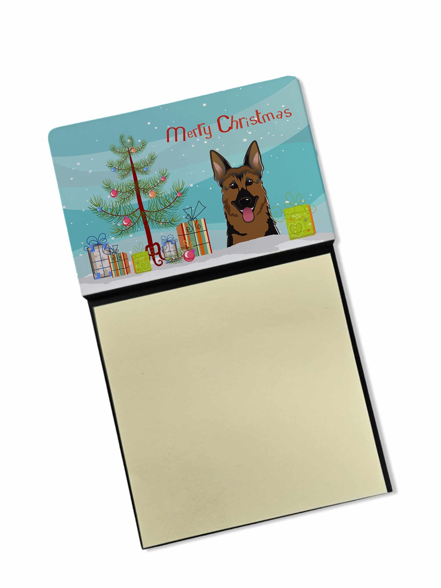 Christmas Tree and German Shepherd Watercolor Sticky Note Holder Refillable Dispenser Desk Accessory 3x3 Pad Gift