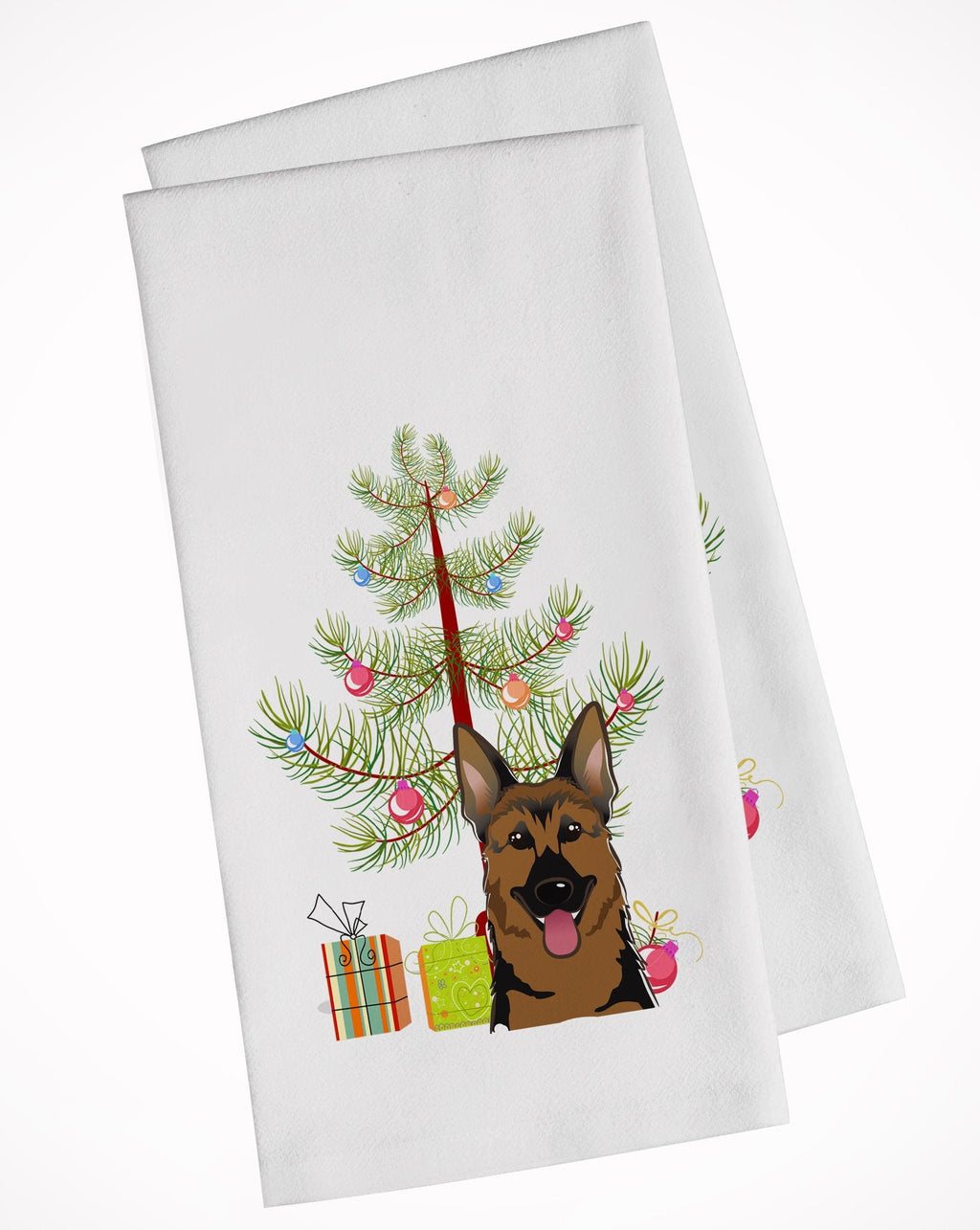 Christmas Tree and German Shepherd Kitchen Towel Set of 2 White Dish Towels Decorative Bathroom Hand towel for Hand, Face, Hair, Yoga, Tea, Dishcloth, 19 X 28", White
