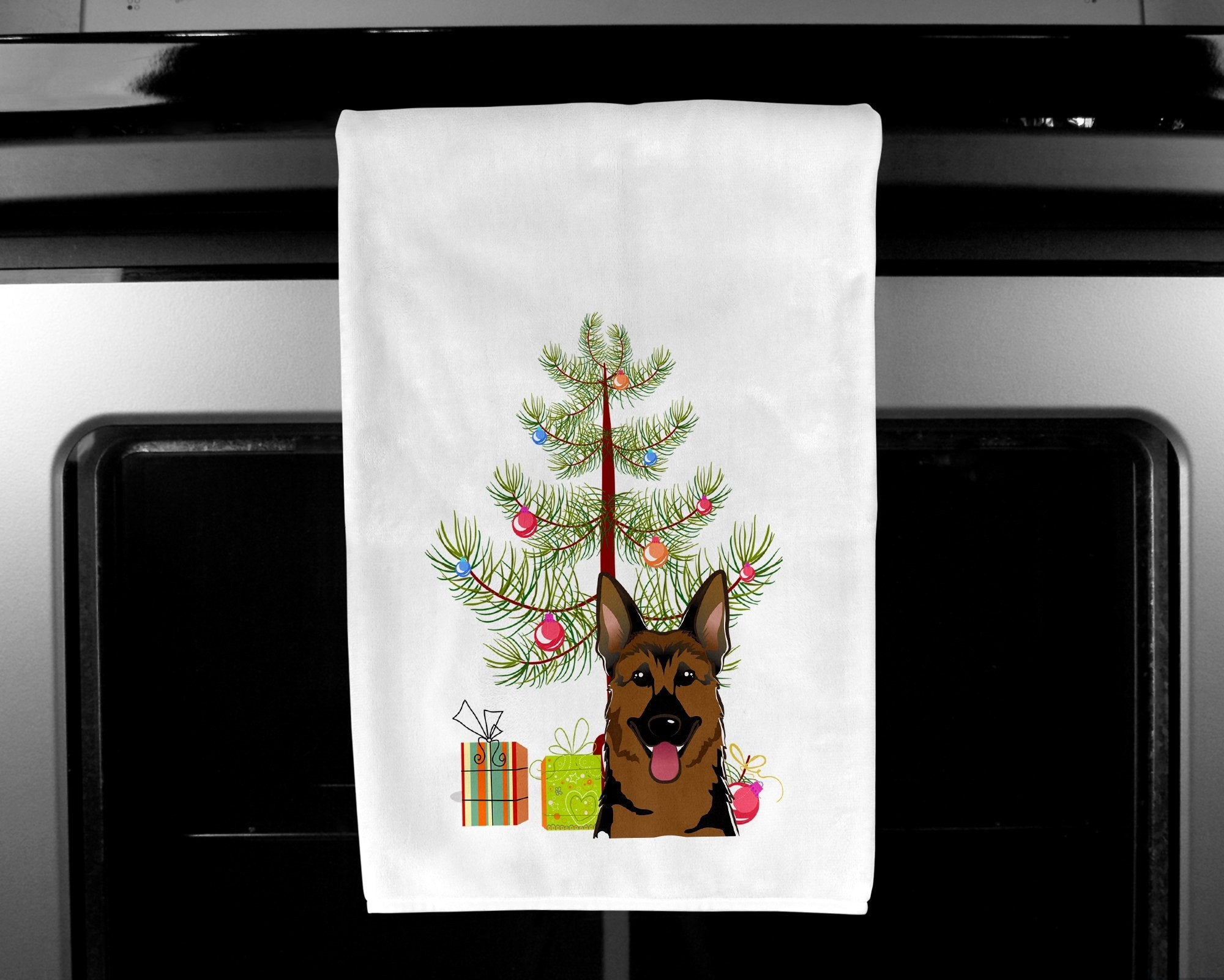 Christmas Tree and German Shepherd Kitchen Towel Set of 2 White Dish Towels Decorative Bathroom Hand towel for Hand, Face, Hair, Yoga, Tea, Dishcloth, 19 X 28", White
