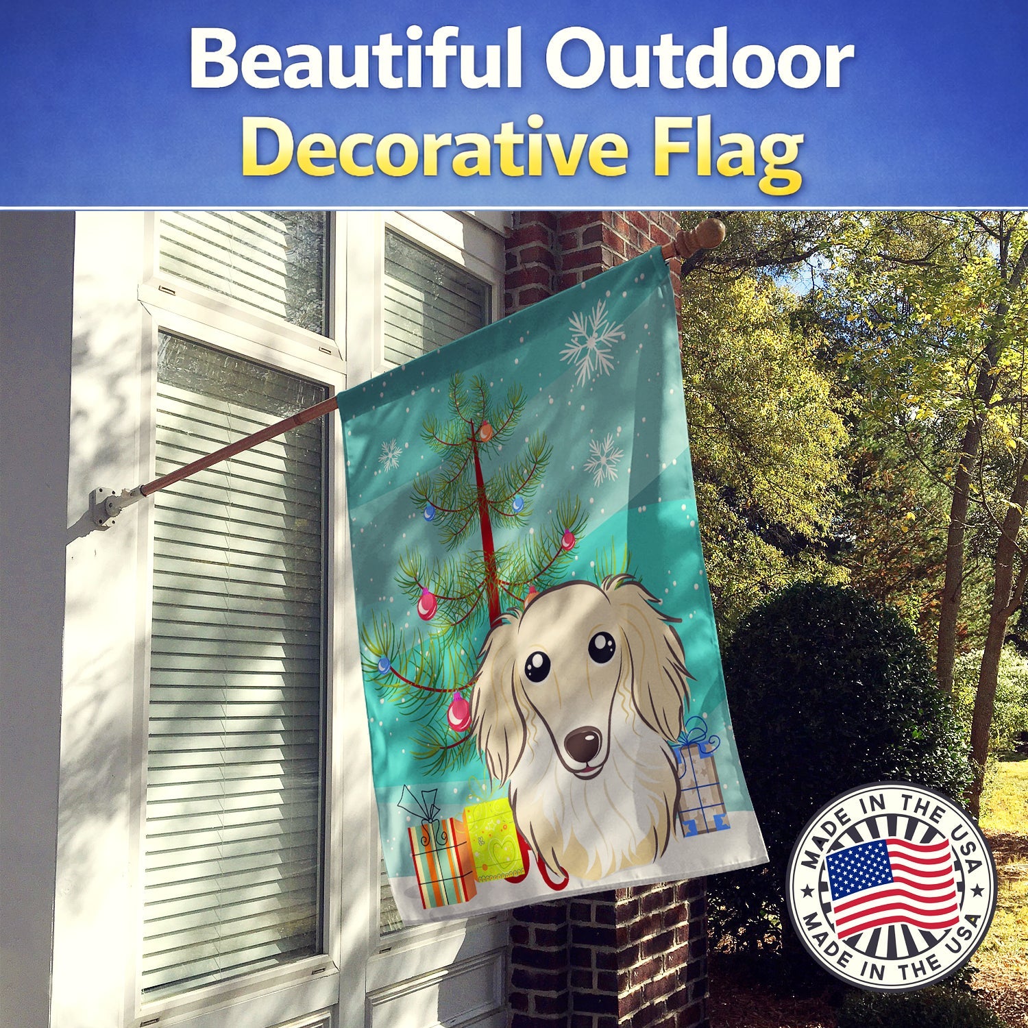 Christmas Tree and Longhair Creme Dachshund House Flag 28x40 Porch Sleeve Pole Decorative Outside Yard Banner Artwork Wall Hanging, Polyester