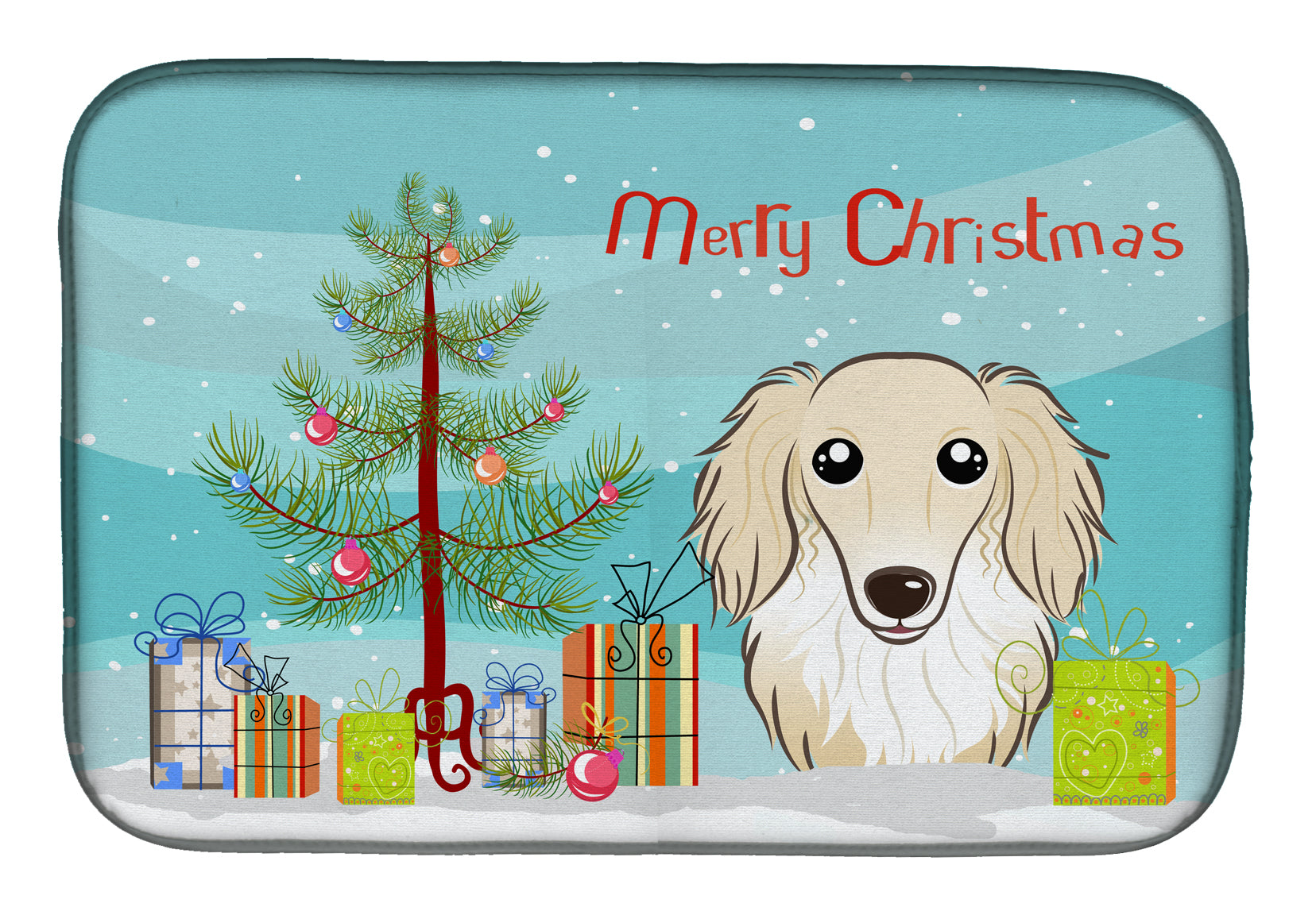 Christmas Tree and Longhair Creme Dachshund Dish Drying Mat Absorbent Dish Drying Mat Pad for Kitchen Counter Dish Drainer Mat for Countertop, 14 x 21", Multicolor