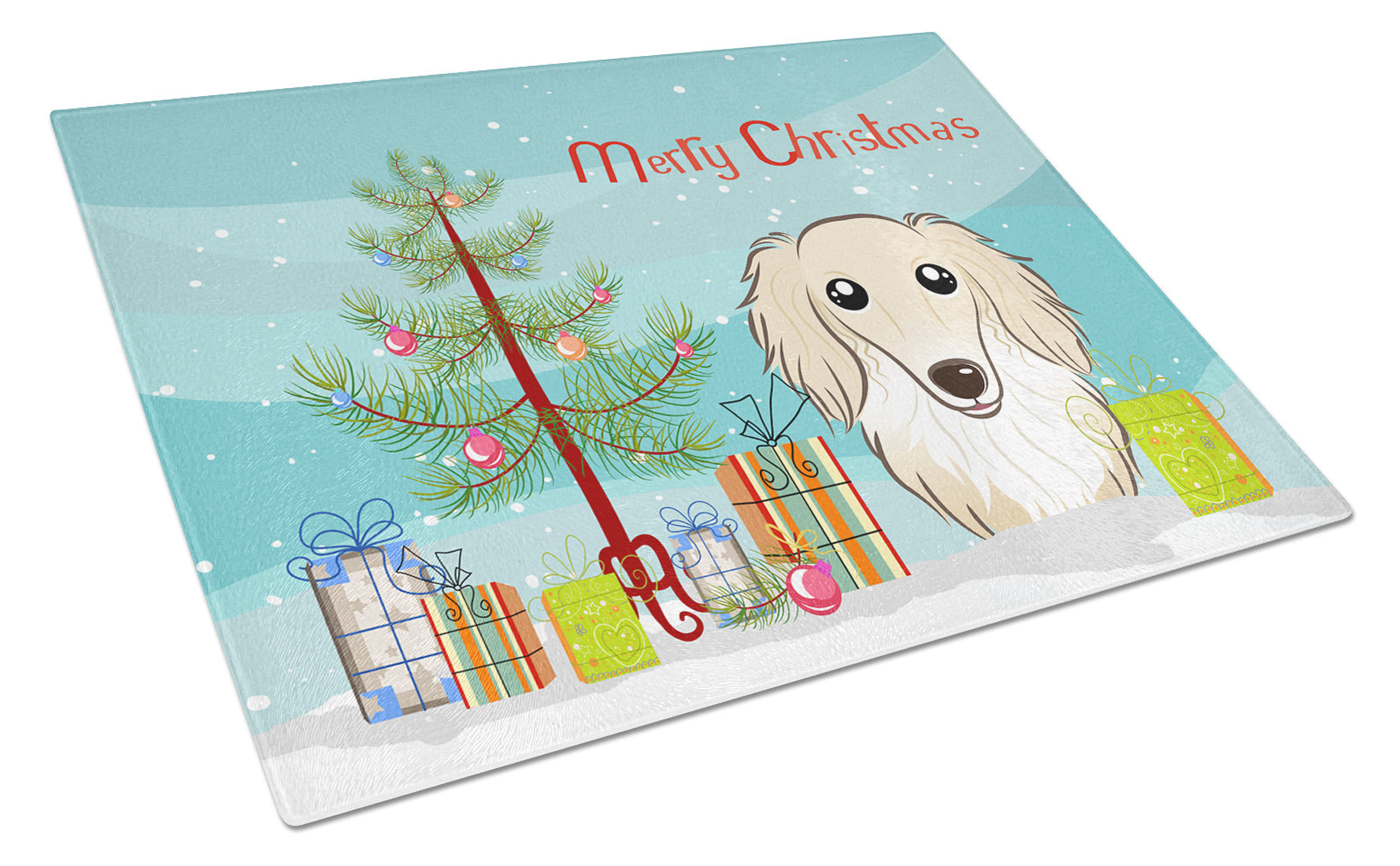 Christmas Tree and Longhair Creme Dachshund Cutting Board Tempered Glass Kitchen Cutting Surface, Heat Resistant Chopping, Non-Slip Feet, Food Prep & Serving