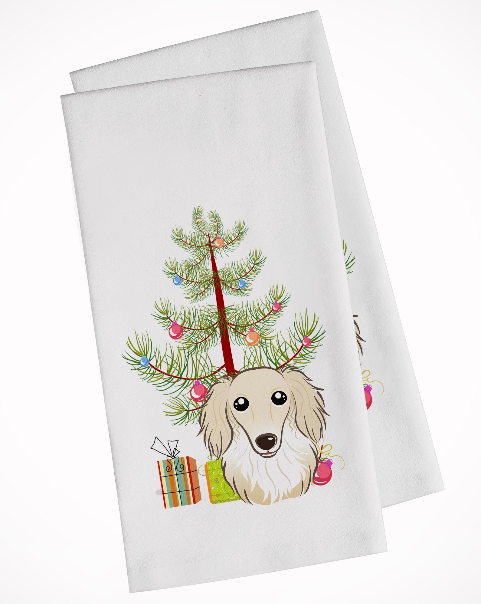 Christmas Tree and Longhair Creme Dachshund Kitchen Towel Set of 2 White Dish Towels Decorative Bathroom Hand towel for Hand, Face, Hair, Yoga, Tea, Dishcloth, 19 X 28", White