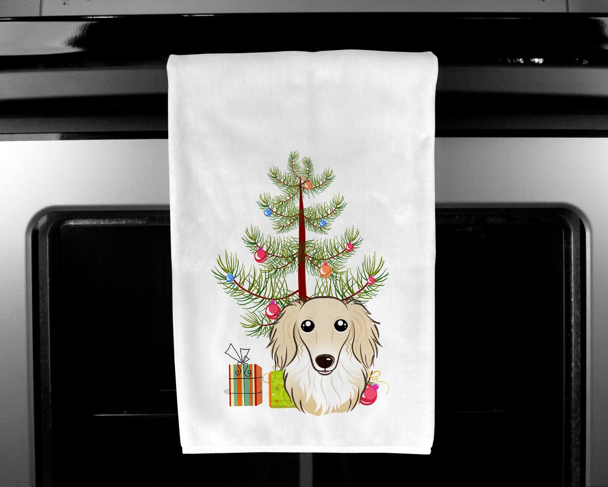 Christmas Tree and Longhair Creme Dachshund Kitchen Towel Set of 2 White Dish Towels Decorative Bathroom Hand towel for Hand, Face, Hair, Yoga, Tea, Dishcloth, 19 X 28", White