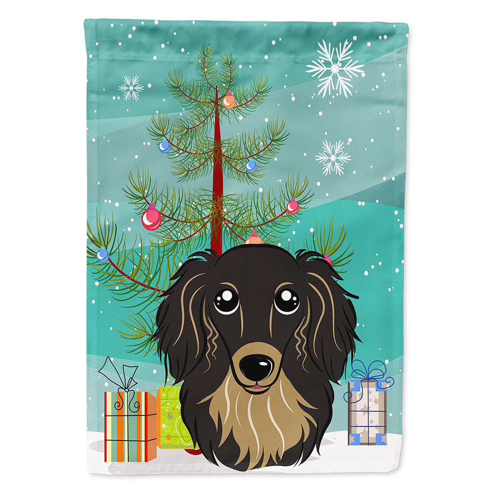 Christmas Tree and Longhair Black and Tan Dachshund House Flag 28x40 Porch Sleeve Pole Decorative Outside Yard Banner Artwork Wall Hanging, Polyester