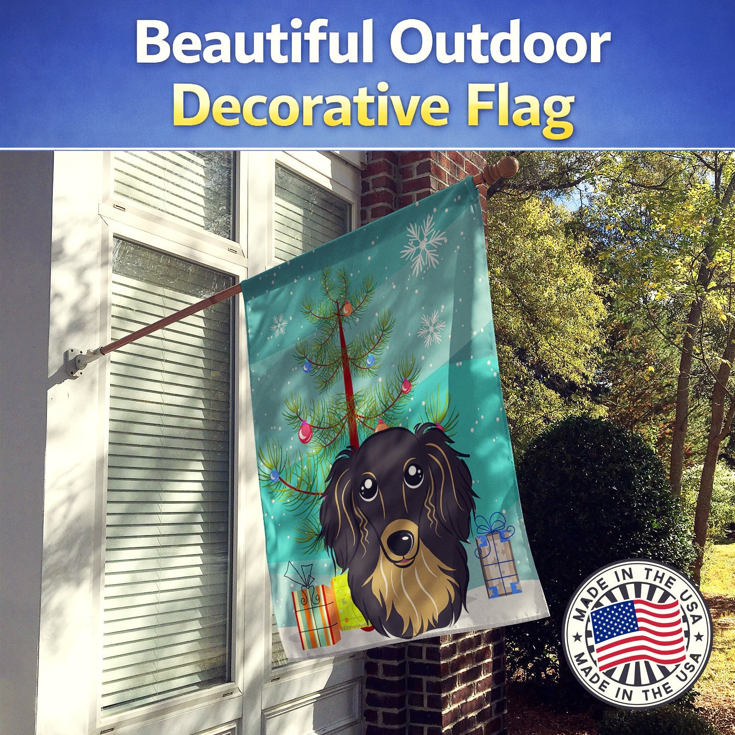 Christmas Tree and Longhair Black and Tan Dachshund House Flag 28x40 Porch Sleeve Pole Decorative Outside Yard Banner Artwork Wall Hanging, Polyester