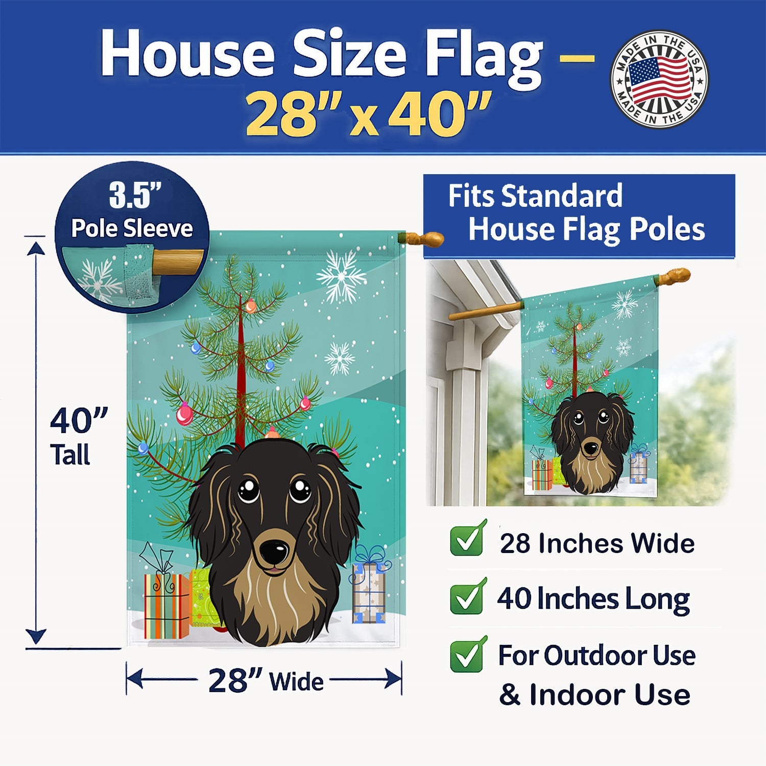 Christmas Tree and Longhair Black and Tan Dachshund House Flag 28x40 Porch Sleeve Pole Decorative Outside Yard Banner Artwork Wall Hanging, Polyester