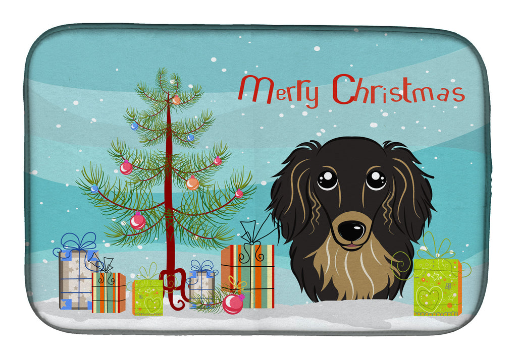 Christmas Tree and Longhair Black and Tan Dachshund Dish Drying Mat Absorbent Dish Drying Mat Pad for Kitchen Counter Dish Drainer Mat for Countertop, 14 x 21", Multicolor