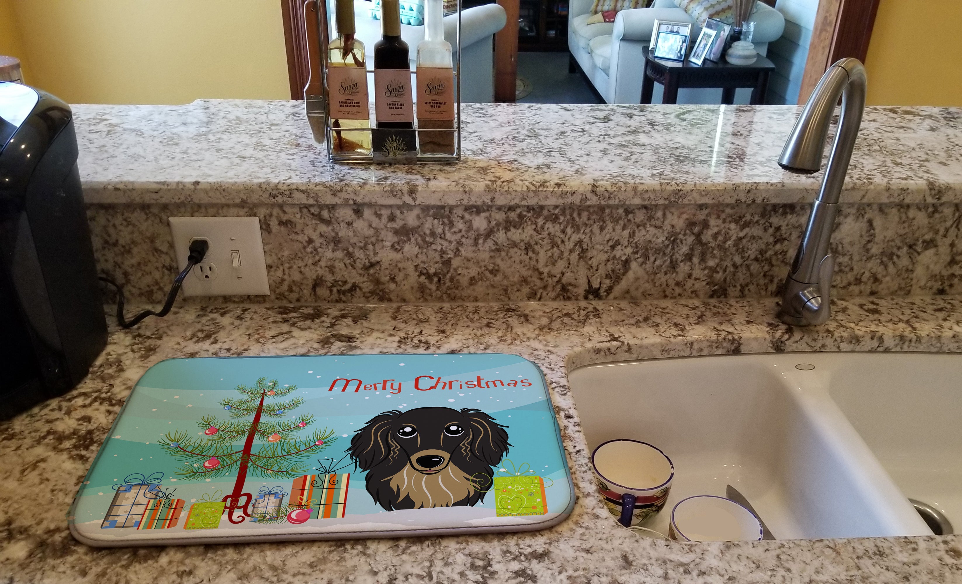 Christmas Tree and Longhair Black and Tan Dachshund Dish Drying Mat Absorbent Dish Drying Mat Pad for Kitchen Counter Dish Drainer Mat for Countertop, 14 x 21", Multicolor
