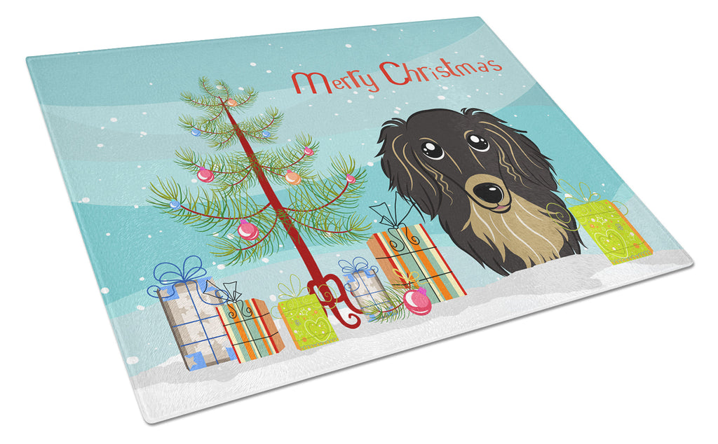Christmas Tree and Longhair Black and Tan Dachshund Cutting Board Tempered Glass Kitchen Cutting Surface, Heat Resistant Chopping, Non-Slip Feet, Food Prep & Serving