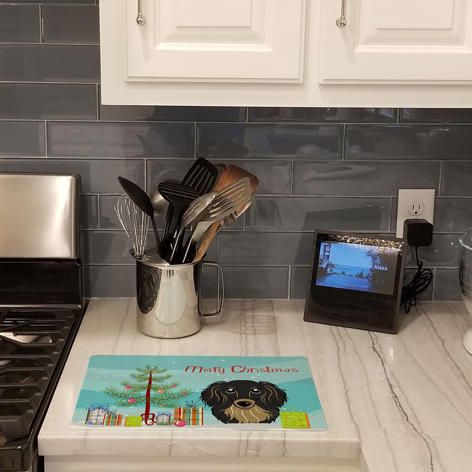 Christmas Tree and Longhair Black and Tan Dachshund Cutting Board Tempered Glass Kitchen Cutting Surface, Heat Resistant Chopping, Non-Slip Feet, Food Prep & Serving