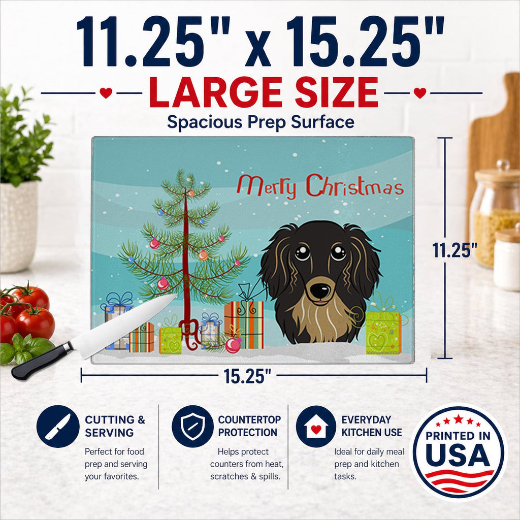 Christmas Tree and Longhair Black and Tan Dachshund Cutting Board Tempered Glass Kitchen Cutting Surface, Heat Resistant Chopping, Non-Slip Feet, Food Prep & Serving