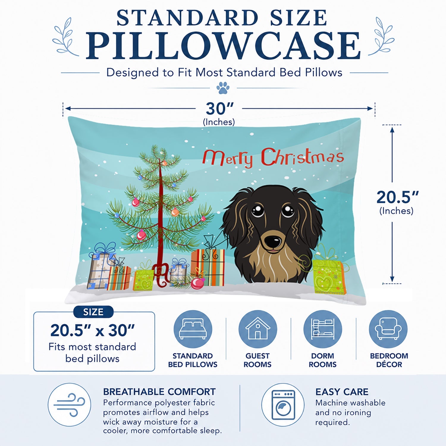 Christmas Tree and Longhair Black and Tan Dachshund Standard Pillowcase Lightweight Super Soft Easy Care Decorative Artwork Pillowcase, Standard