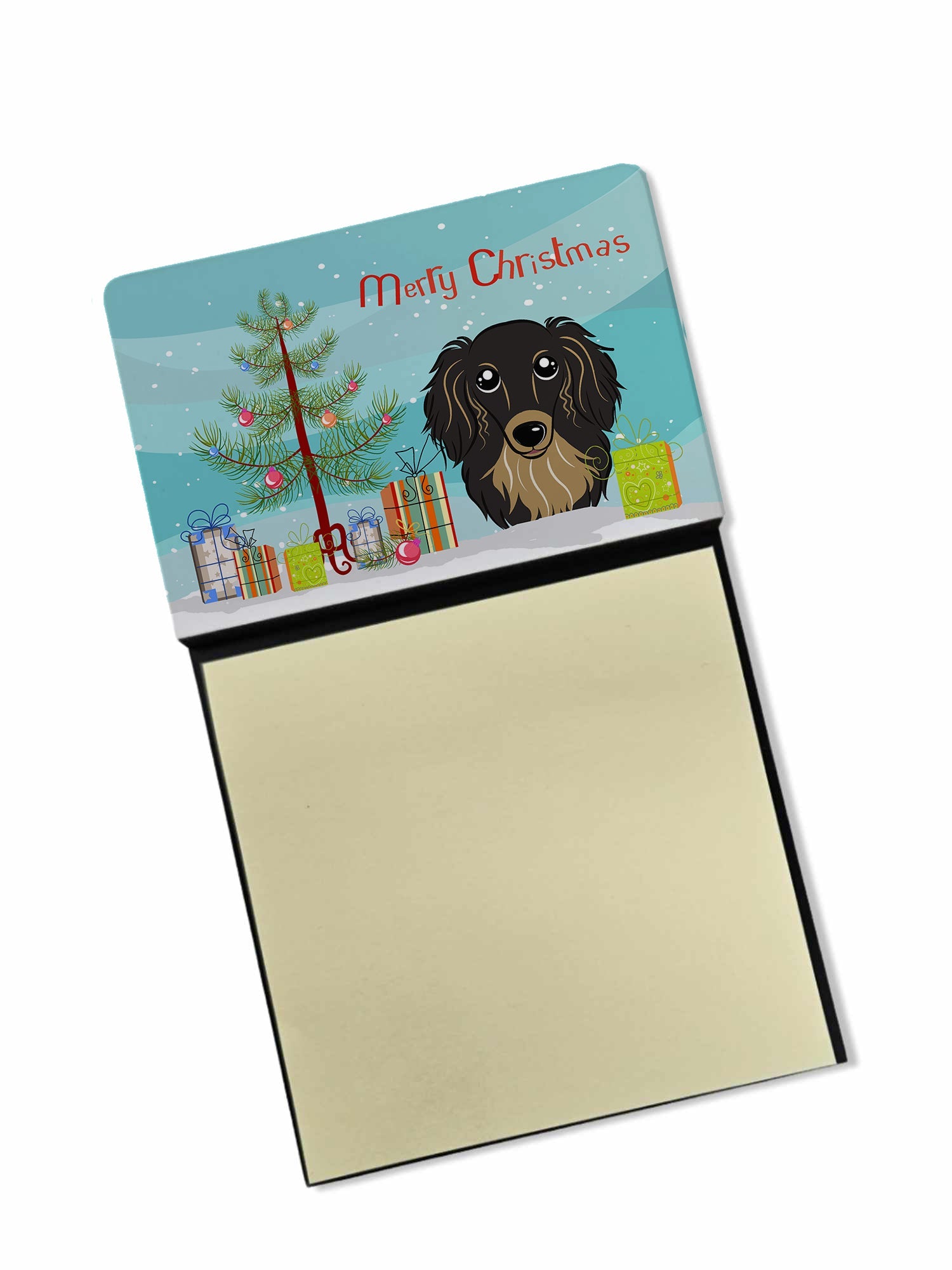 Christmas Tree and Longhair Black and Tan Dachshund Watercolor Sticky Note Holder Refillable Dispenser Desk Accessory 3x3 Pad Gift
