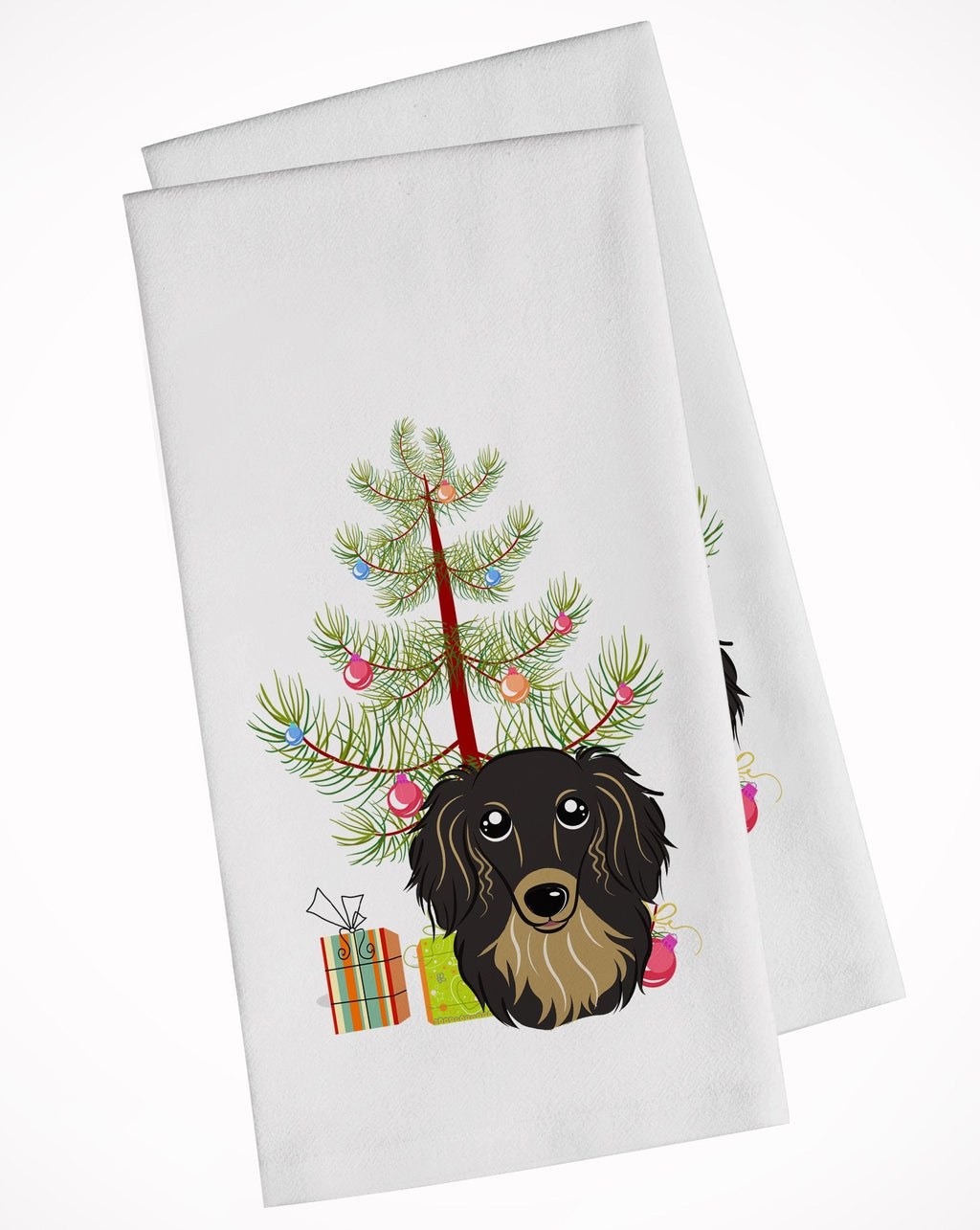 Christmas Tree and Longhair Black and Tan Dachshund Kitchen Towel Set of 2 White Dish Towels Decorative Bathroom Hand towel for Hand, Face, Hair, Yoga, Tea, Dishcloth, 19 X 28", White