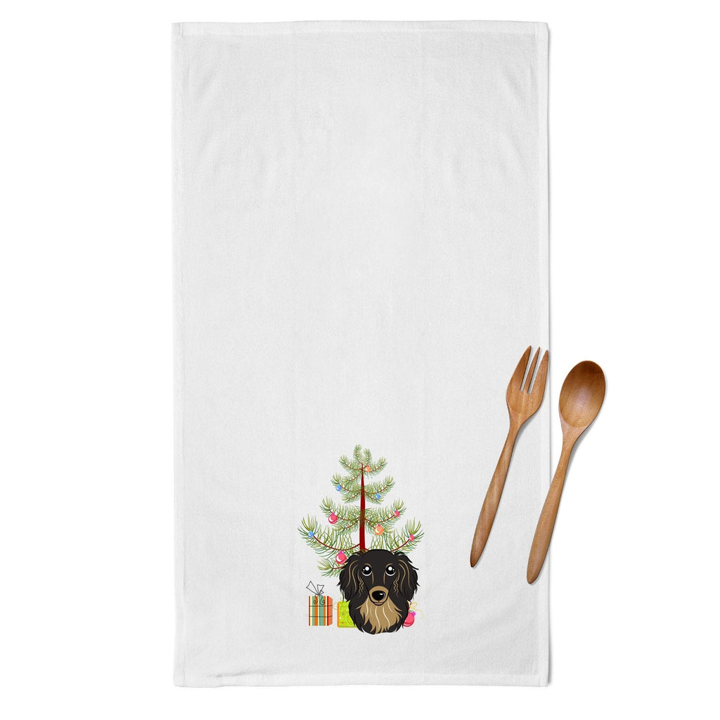 Christmas Tree and Longhair Black and Tan Dachshund Kitchen Towel Set of 2 White Dish Towels Decorative Bathroom Hand towel for Hand, Face, Hair, Yoga, Tea, Dishcloth, 19 X 28", White