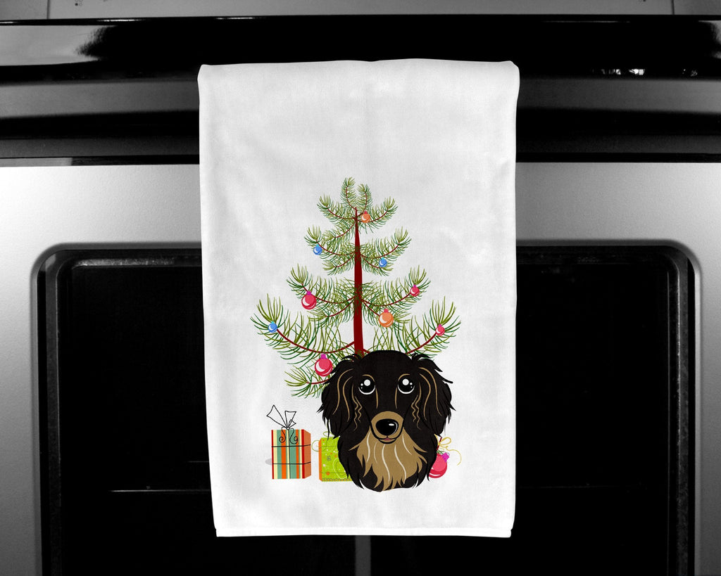 Christmas Tree and Longhair Black and Tan Dachshund Kitchen Towel Set of 2 White Dish Towels Decorative Bathroom Hand towel for Hand, Face, Hair, Yoga, Tea, Dishcloth, 19 X 28", White