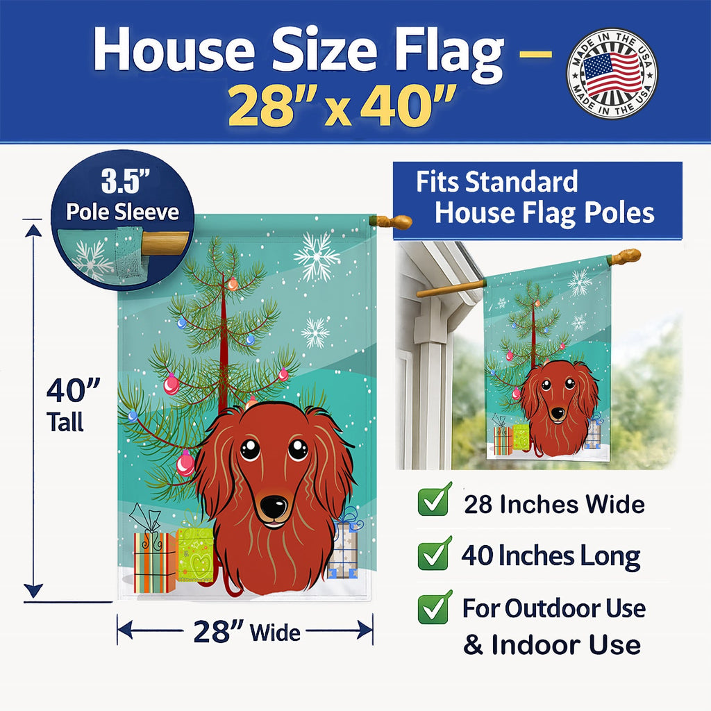 Christmas Tree and Longhair Red Dachshund House Flag 28x40 Porch Sleeve Pole Decorative Outside Yard Banner Artwork Wall Hanging, Polyester