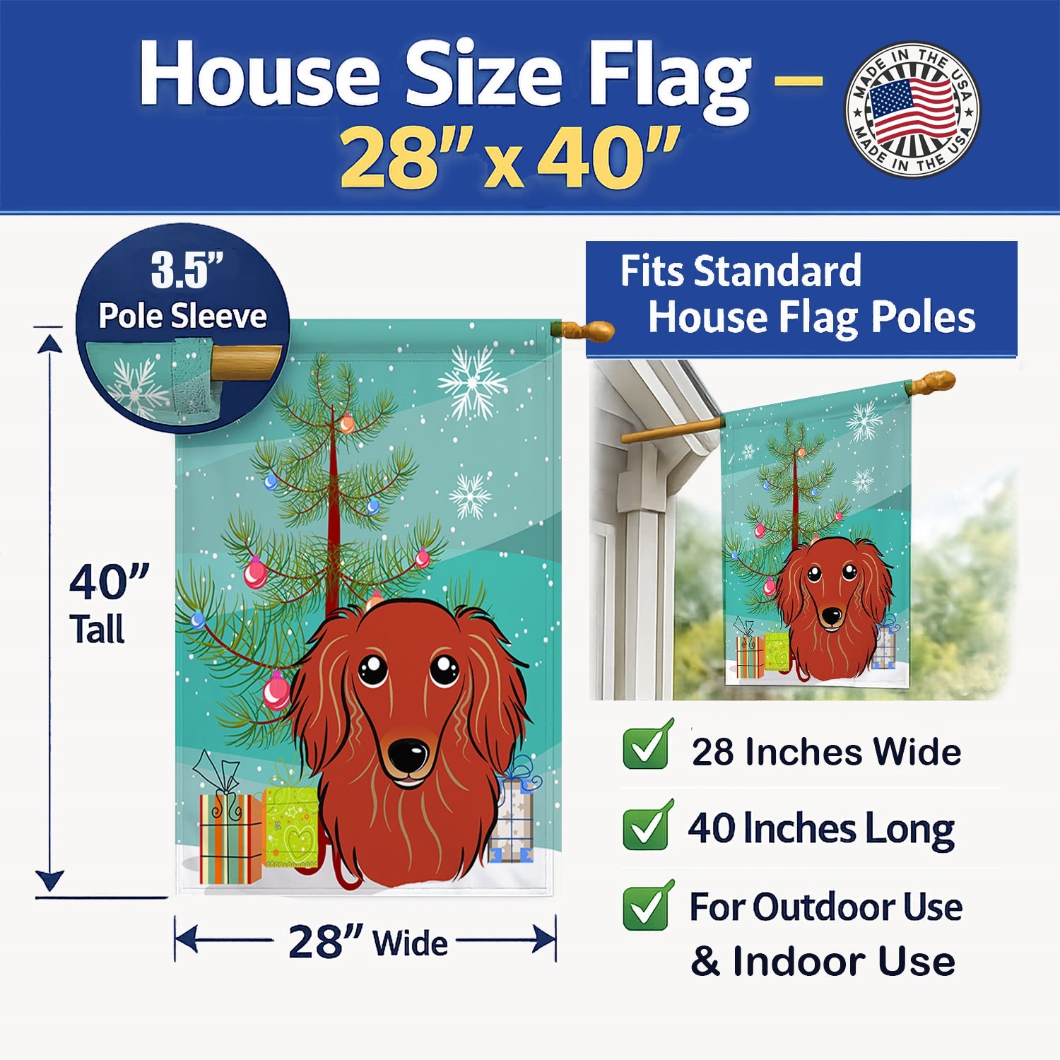 Christmas Tree and Longhair Red Dachshund House Flag 28x40 Porch Sleeve Pole Decorative Outside Yard Banner Artwork Wall Hanging, Polyester