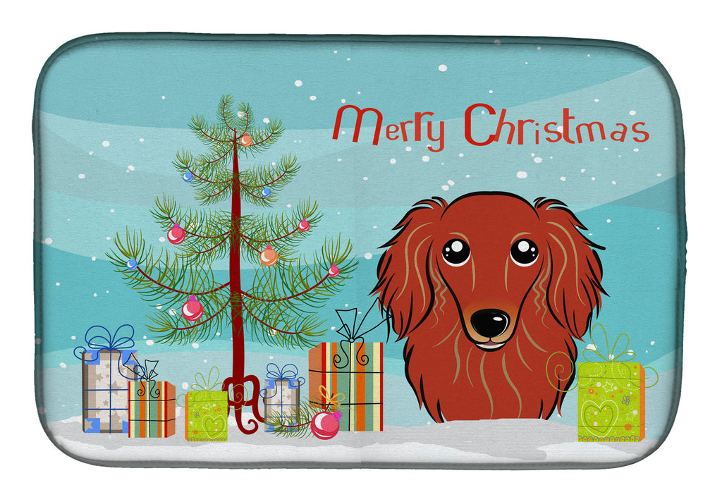 Christmas Tree and Longhair Red Dachshund Dish Drying Mat Absorbent Dish Drying Mat Pad for Kitchen Counter Dish Drainer Mat for Countertop, 14 x 21", Multicolor