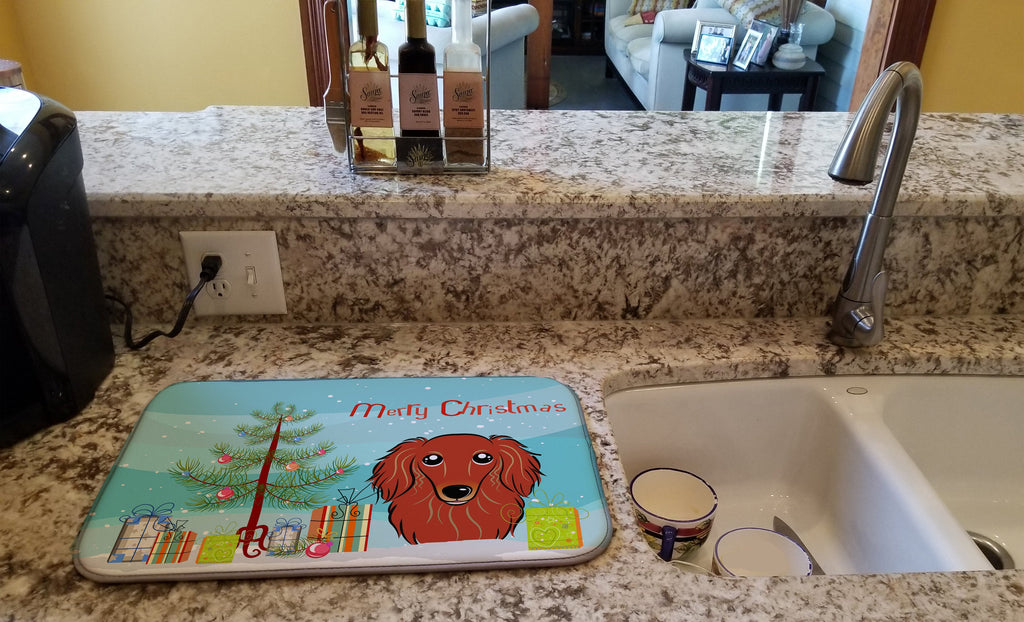 Christmas Tree and Longhair Red Dachshund Dish Drying Mat Absorbent Dish Drying Mat Pad for Kitchen Counter Dish Drainer Mat for Countertop, 14 x 21", Multicolor