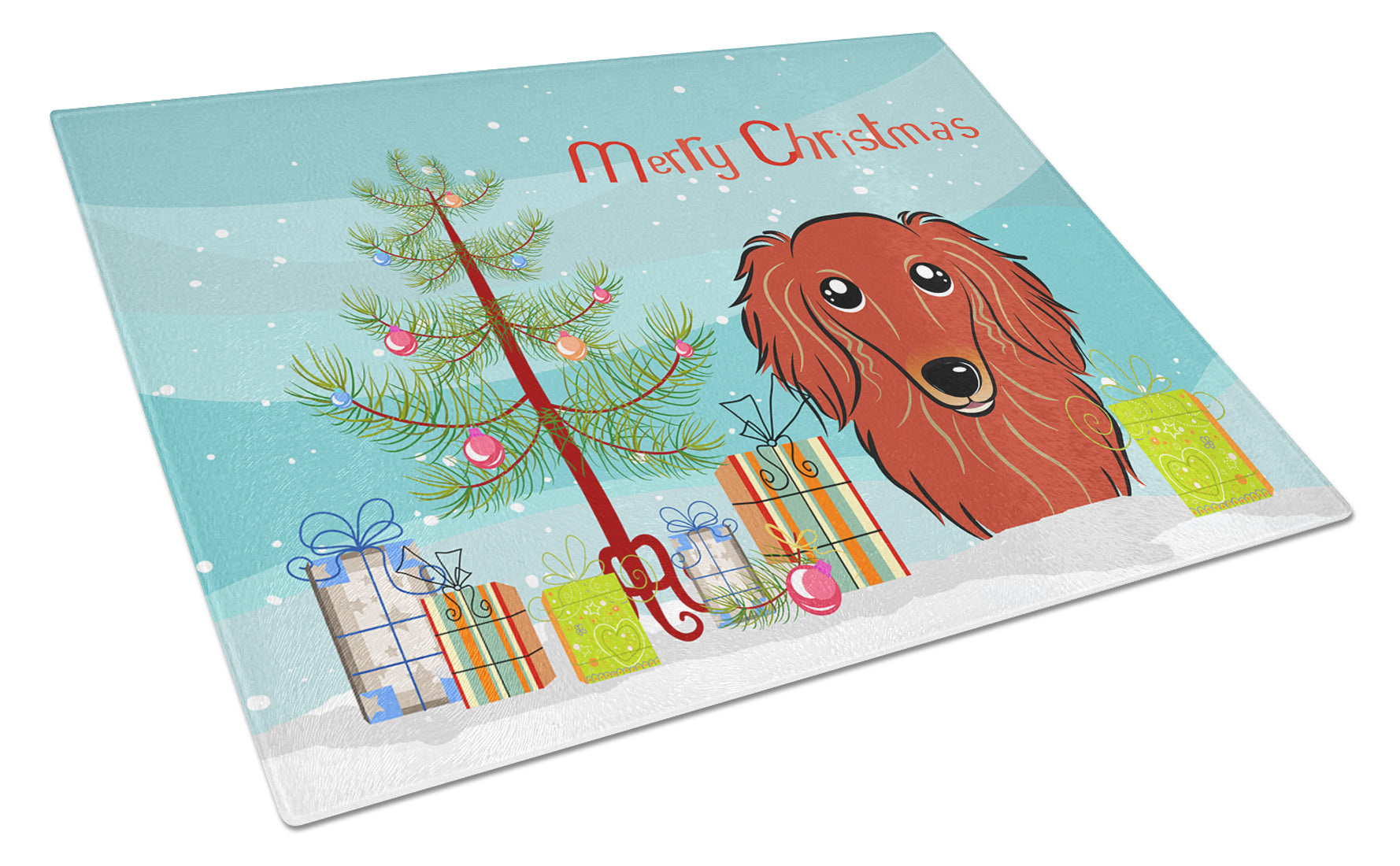 Christmas Tree and Longhair Red Dachshund Cutting Board Tempered Glass Kitchen Cutting Surface, Heat Resistant Chopping, Non-Slip Feet, Food Prep & Serving