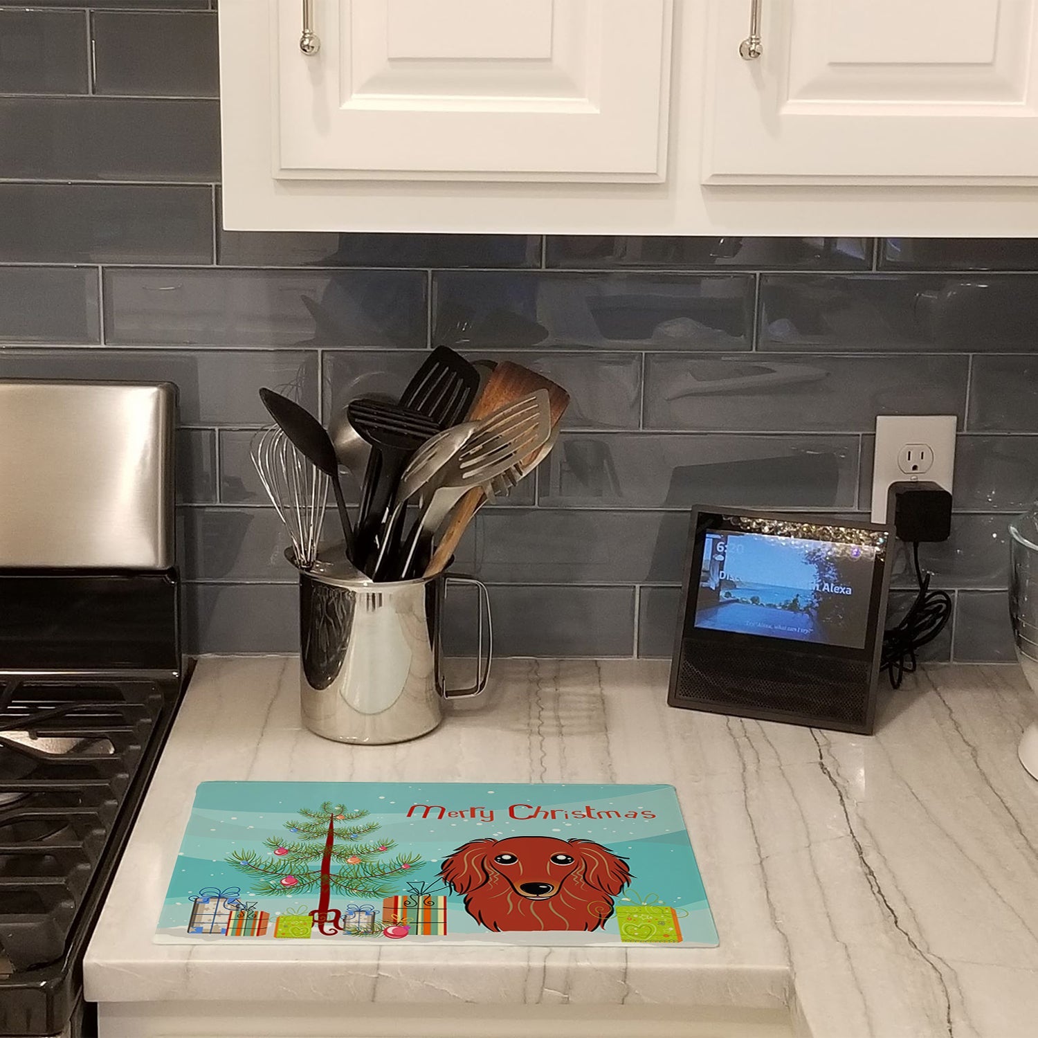 Christmas Tree and Longhair Red Dachshund Cutting Board Tempered Glass Kitchen Cutting Surface, Heat Resistant Chopping, Non-Slip Feet, Food Prep & Serving