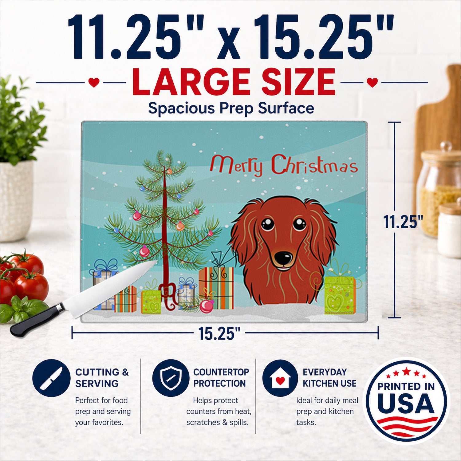 Christmas Tree and Longhair Red Dachshund Cutting Board Tempered Glass Kitchen Cutting Surface, Heat Resistant Chopping, Non-Slip Feet, Food Prep & Serving