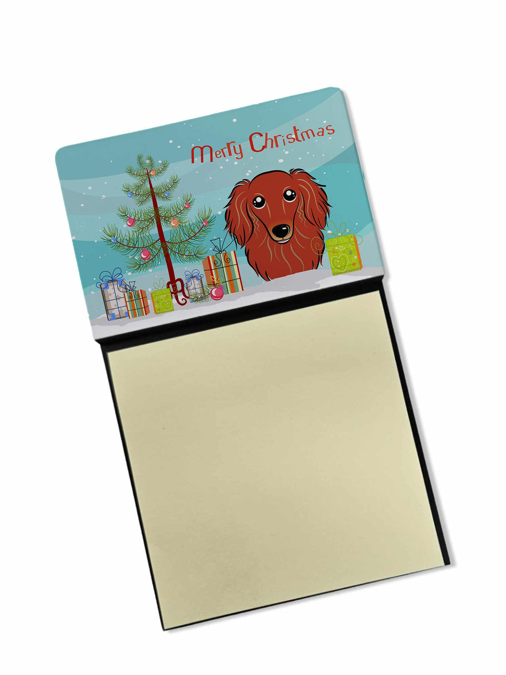 Christmas Tree and Longhair Red Dachshund Watercolor Sticky Note Holder Refillable Dispenser Desk Accessory 3x3 Pad Gift