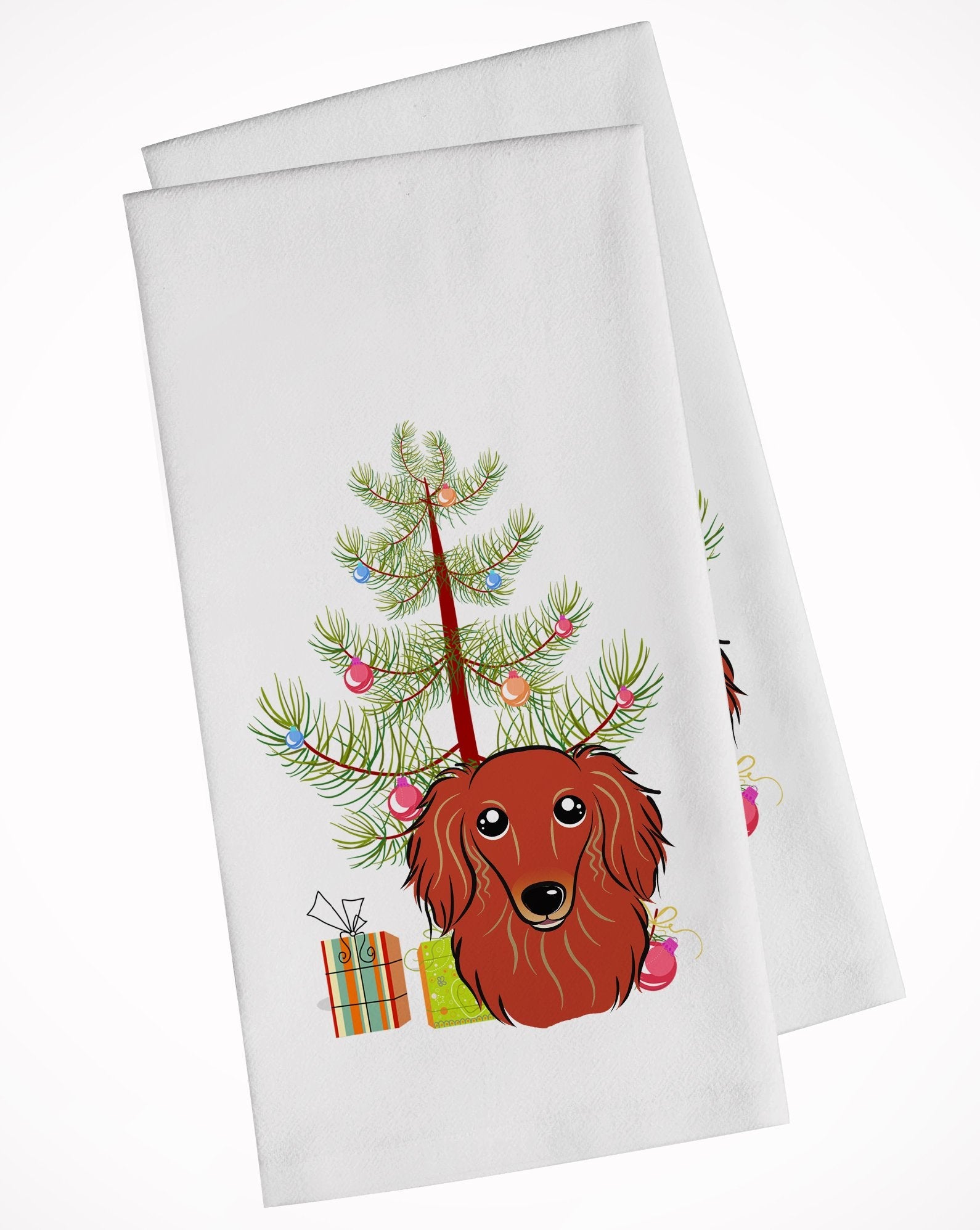 Christmas Tree and Longhair Red Dachshund Kitchen Towel Set of 2 White Dish Towels Decorative Bathroom Hand towel for Hand, Face, Hair, Yoga, Tea, Dishcloth, 19 X 28", White
