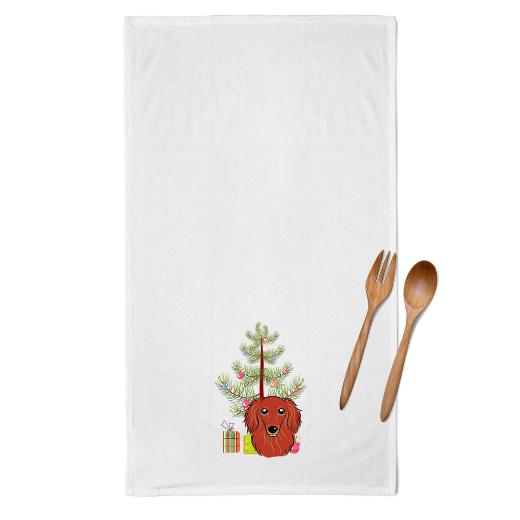 Christmas Tree and Longhair Red Dachshund Kitchen Towel Set of 2 White Dish Towels Decorative Bathroom Hand towel for Hand, Face, Hair, Yoga, Tea, Dishcloth, 19 X 28", White