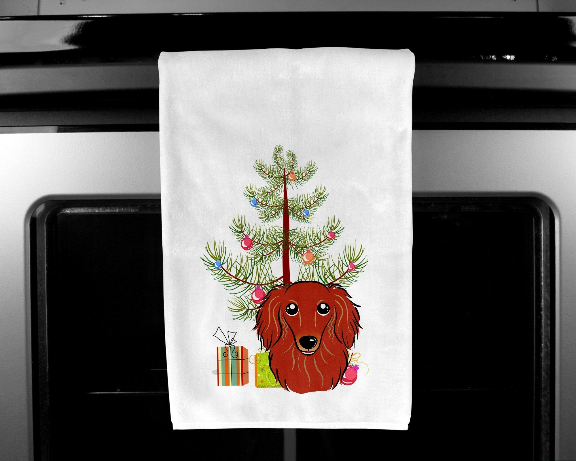 Christmas Tree and Longhair Red Dachshund Kitchen Towel Set of 2 White Dish Towels Decorative Bathroom Hand towel for Hand, Face, Hair, Yoga, Tea, Dishcloth, 19 X 28", White