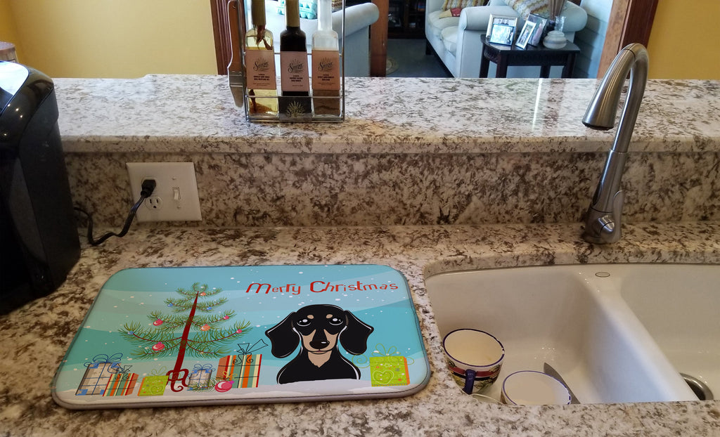 Christmas Tree and Smooth Black and Tan Dachshund Dish Drying Mat Absorbent Dish Drying Mat Pad for Kitchen Counter Dish Drainer Mat for Countertop, 14 x 21", Multicolor