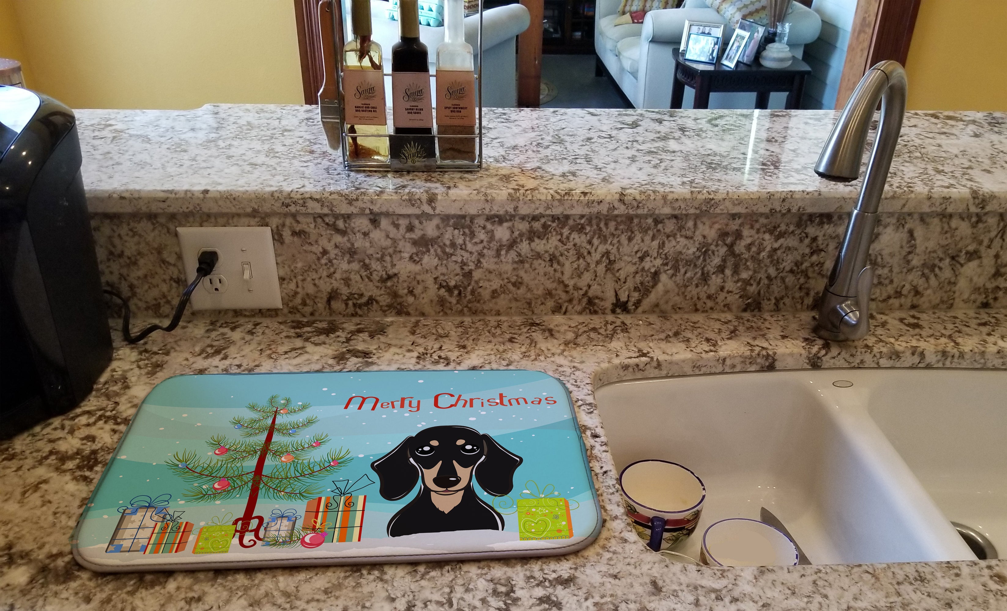 Christmas Tree and Smooth Black and Tan Dachshund Dish Drying Mat Absorbent Dish Drying Mat Pad for Kitchen Counter Dish Drainer Mat for Countertop, 14 x 21", Multicolor