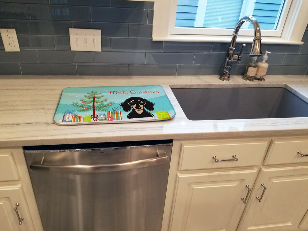 Christmas Tree and Smooth Black and Tan Dachshund Dish Drying Mat Absorbent Dish Drying Mat Pad for Kitchen Counter Dish Drainer Mat for Countertop, 14 x 21", Multicolor