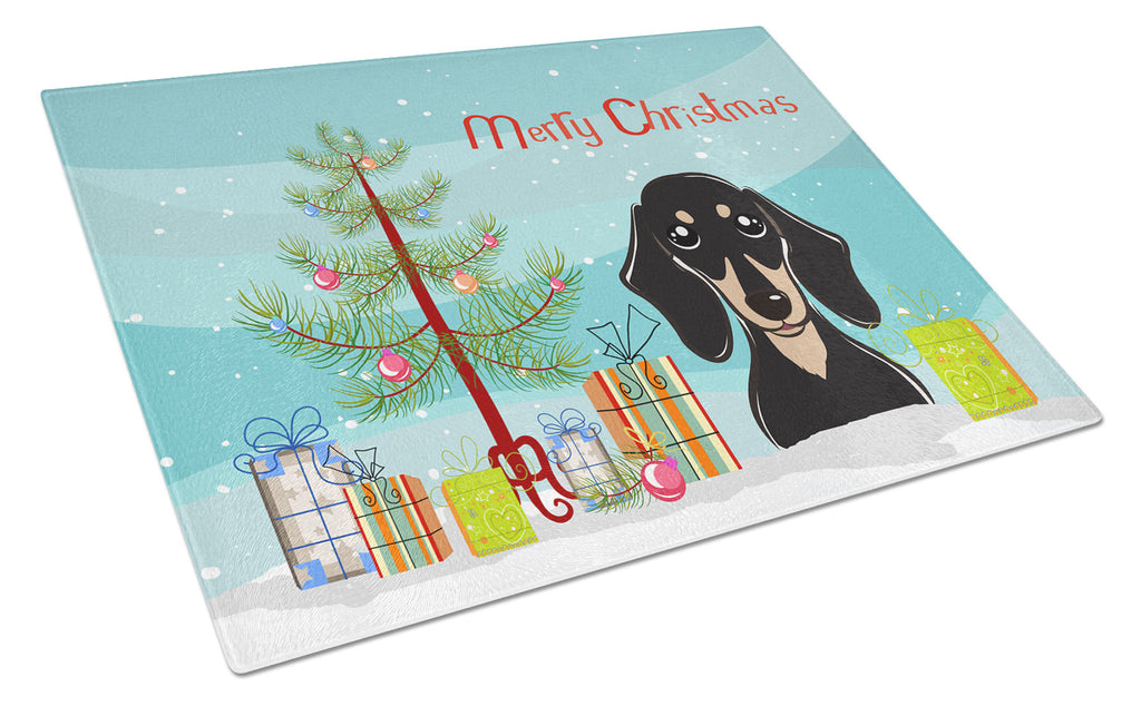 Christmas Tree and Smooth Black and Tan Dachshund Cutting Board Tempered Glass Kitchen Cutting Surface, Heat Resistant Chopping, Non-Slip Feet, Food Prep & Serving
