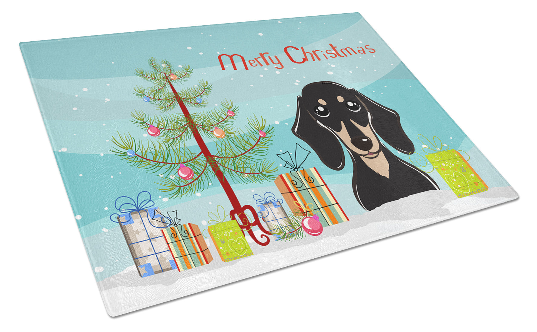 Christmas Tree and Smooth Black and Tan Dachshund Cutting Board Tempered Glass Kitchen Cutting Surface, Heat Resistant Chopping, Non-Slip Feet, Food Prep & Serving