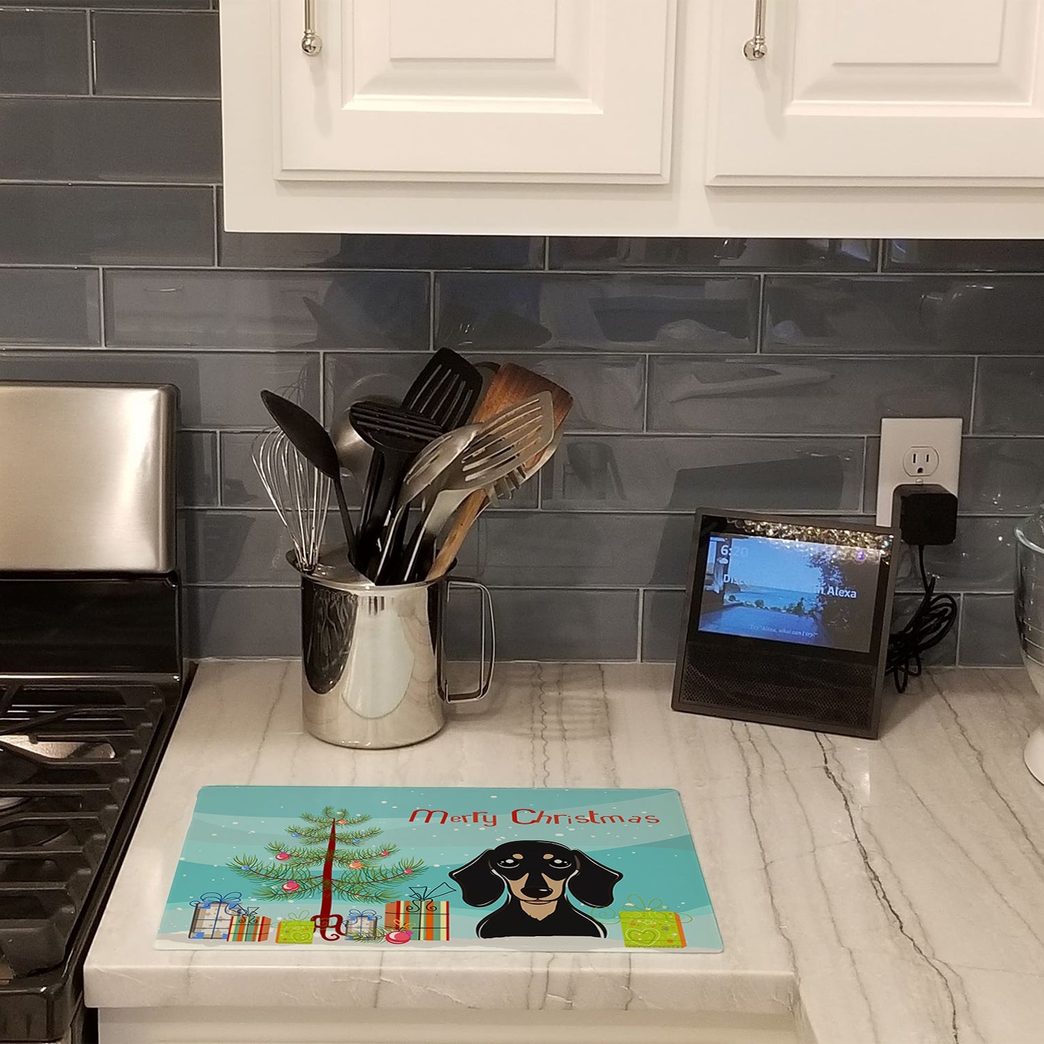 Christmas Tree and Smooth Black and Tan Dachshund Cutting Board Tempered Glass Kitchen Cutting Surface, Heat Resistant Chopping, Non-Slip Feet, Food Prep & Serving
