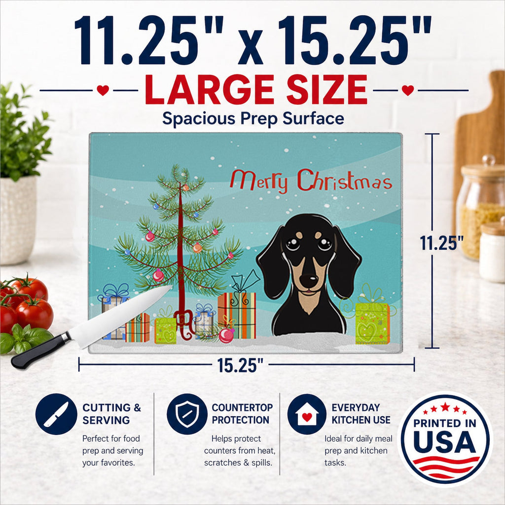 Christmas Tree and Smooth Black and Tan Dachshund Cutting Board Tempered Glass Kitchen Cutting Surface, Heat Resistant Chopping, Non-Slip Feet, Food Prep & Serving