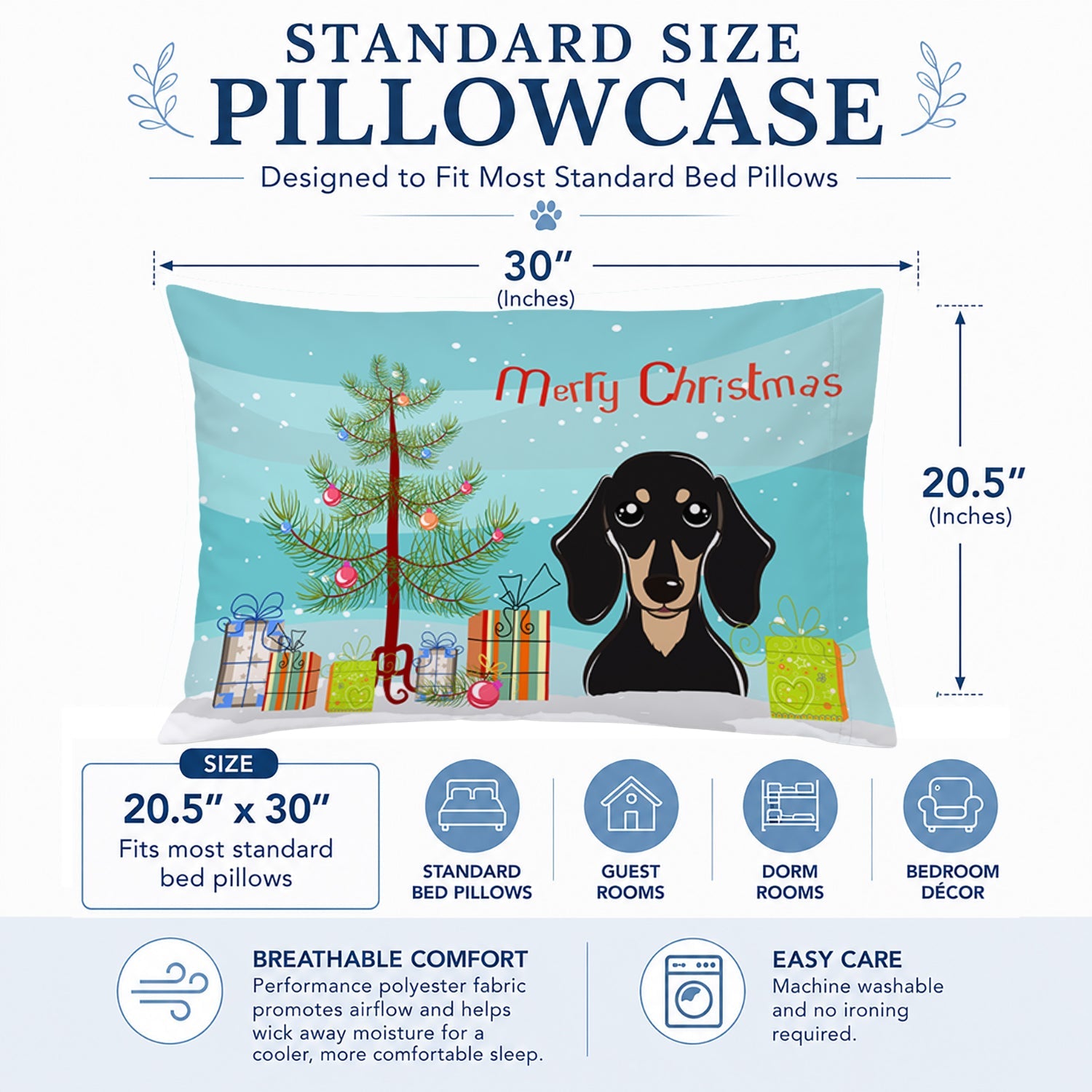 Christmas Tree and Smooth Black and Tan Dachshund Standard Pillowcase Lightweight Super Soft Easy Care Decorative Artwork Pillowcase, Standard