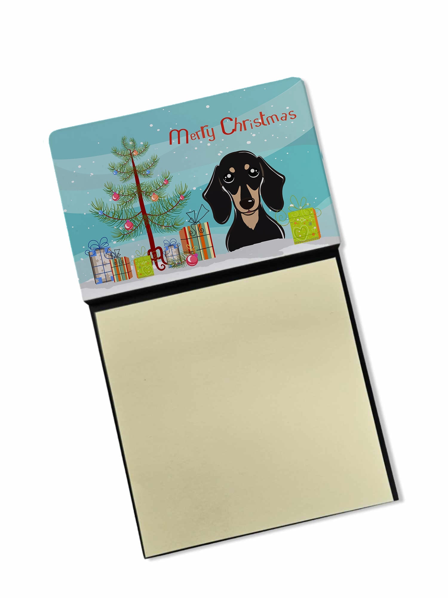 Christmas Tree and Smooth Black and Tan Dachshund Watercolor Sticky Note Holder Refillable Dispenser Desk Accessory 3x3 Pad Gift