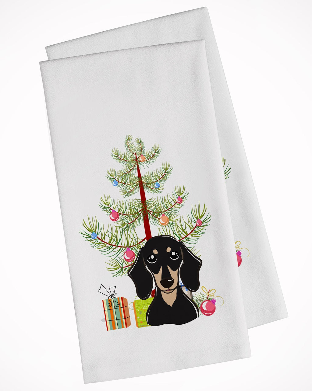 Christmas Tree and Smooth Black and Tan Dachshund Kitchen Towel Set of 2 White Dish Towels Decorative Bathroom Hand towel for Hand, Face, Hair, Yoga, Tea, Dishcloth, 19 X 28", White