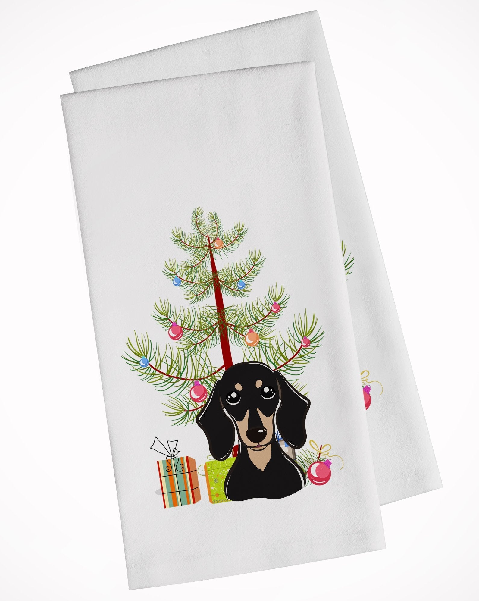 Christmas Tree and Smooth Black and Tan Dachshund Kitchen Towel Set of 2 White Dish Towels Decorative Bathroom Hand towel for Hand, Face, Hair, Yoga, Tea, Dishcloth, 19 X 28", White