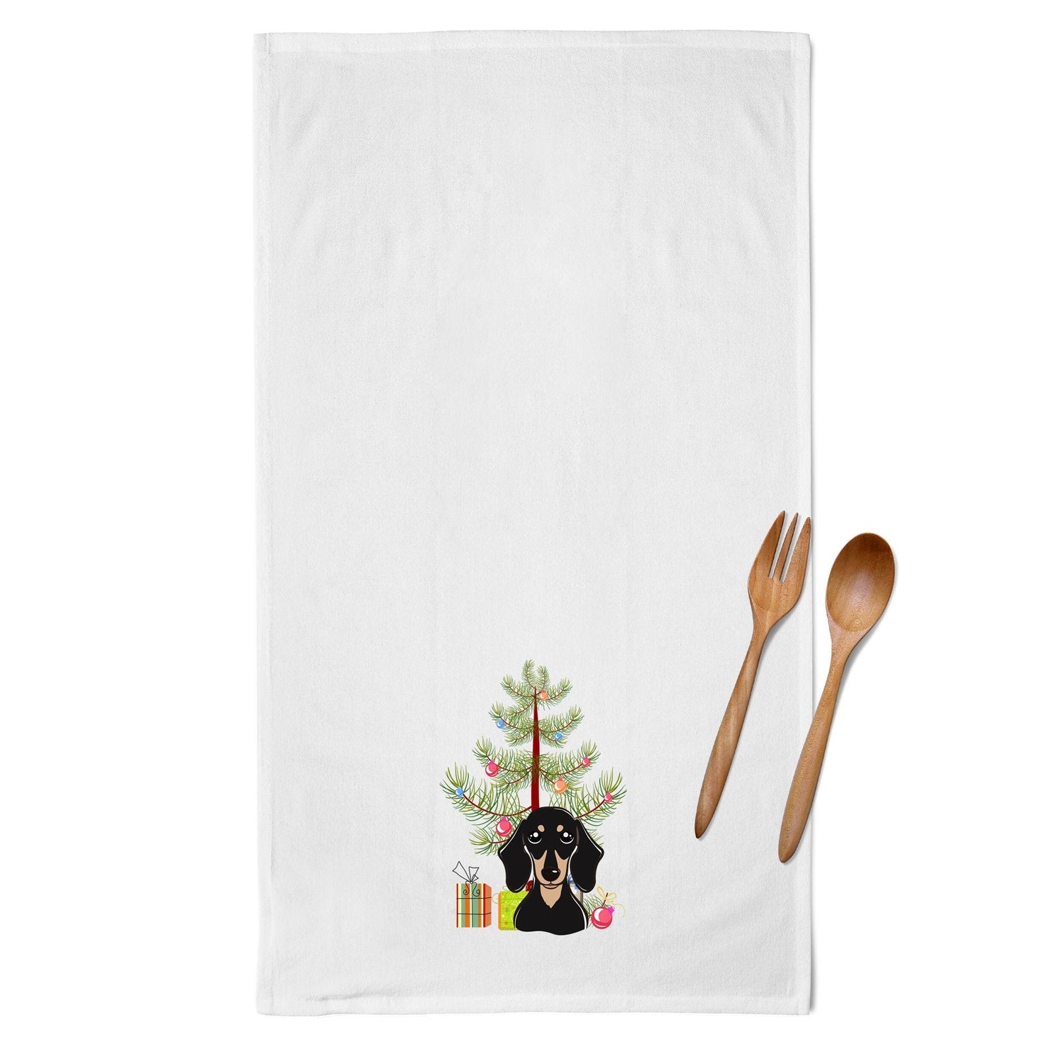 Christmas Tree and Smooth Black and Tan Dachshund Kitchen Towel Set of 2 White Dish Towels Decorative Bathroom Hand towel for Hand, Face, Hair, Yoga, Tea, Dishcloth, 19 X 28", White