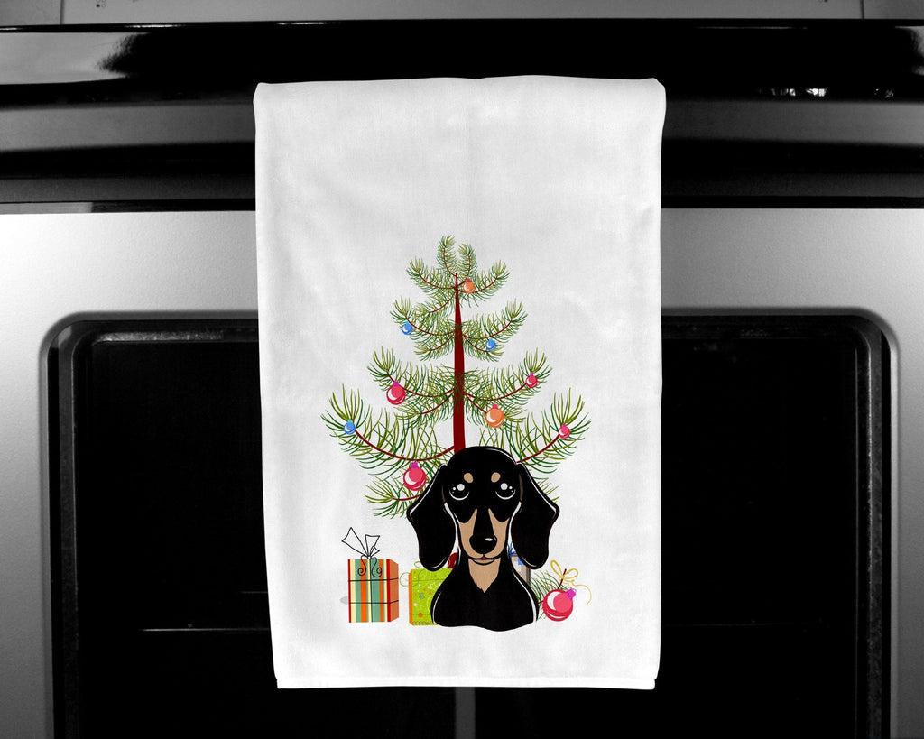 Christmas Tree and Smooth Black and Tan Dachshund Kitchen Towel Set of 2 White Dish Towels Decorative Bathroom Hand towel for Hand, Face, Hair, Yoga, Tea, Dishcloth, 19 X 28", White
